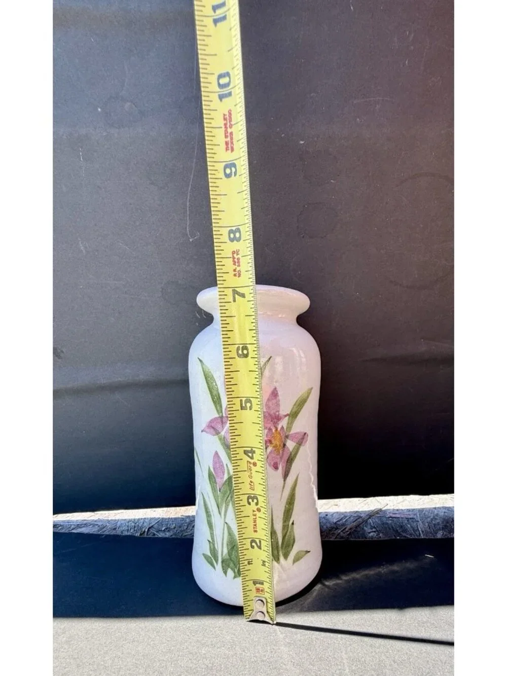 vintage white Ceramic vase hand-painted pink iris floral design 7” x 3.5” EUC